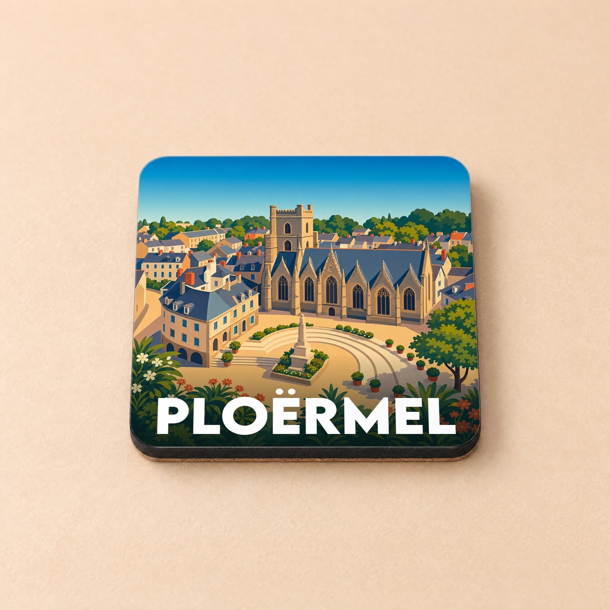 Dessous de verre souvenir de la ville de Ploërmel avec une illustration stylisée de son église et de sa place.
