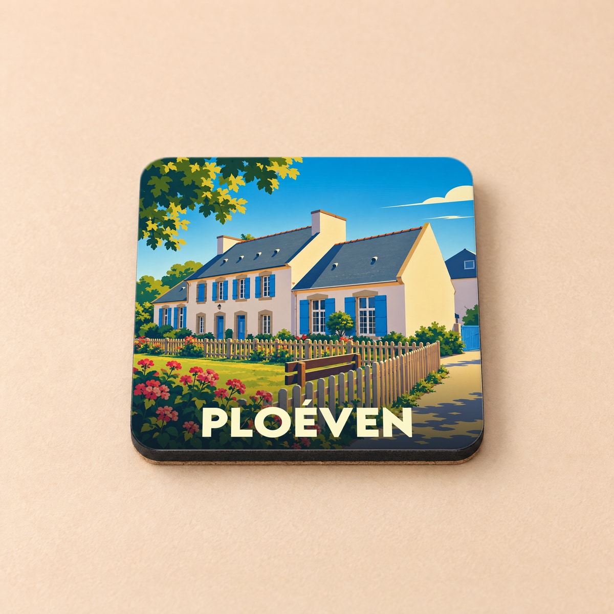 Dessous de verre souvenir de la ville de Ploéven avec une illustration stylisée d'une maison traditionnelle bretonne.