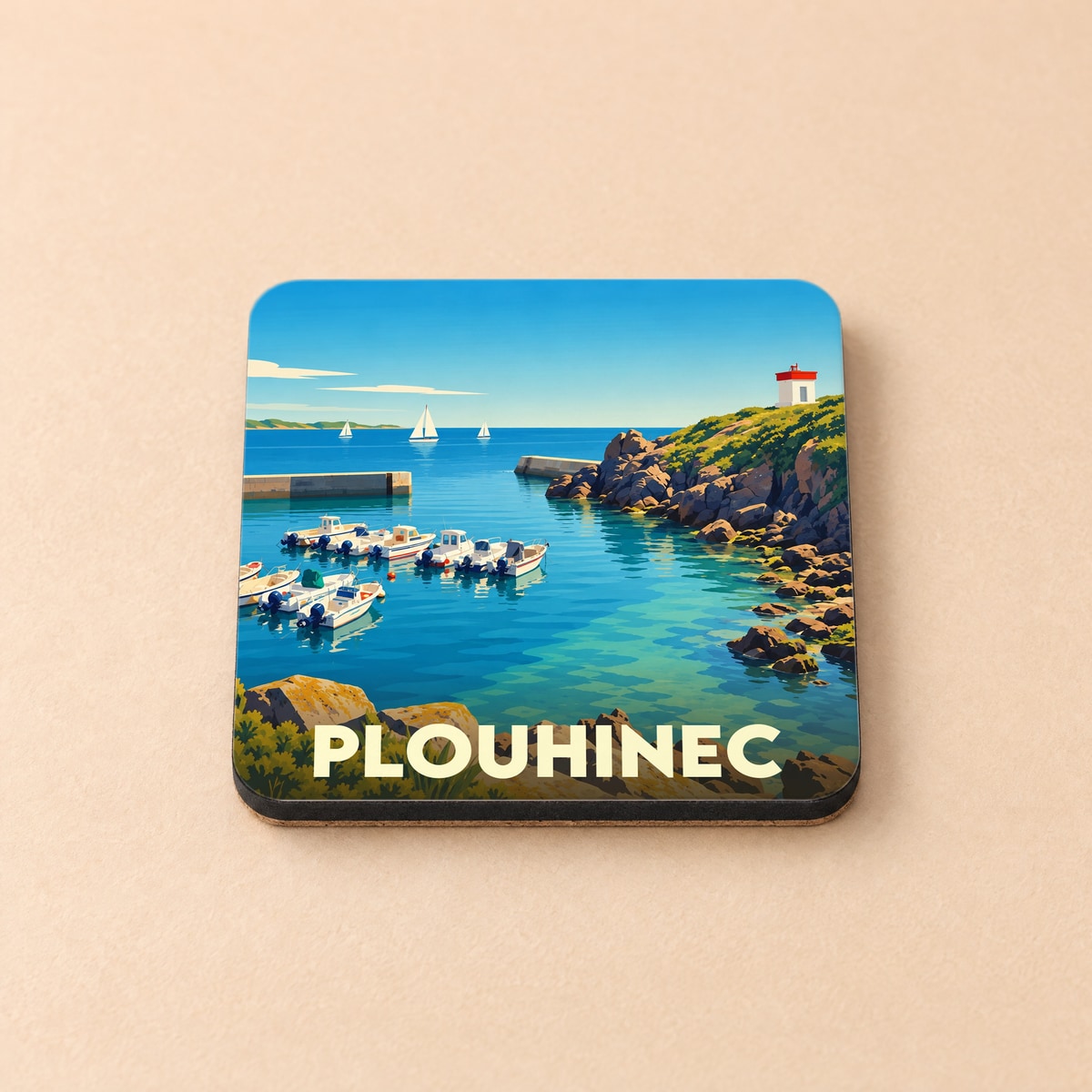Dessous de verre souvenir de la ville de Plouhinec avec une illustration stylisée de son port et de son littoral.