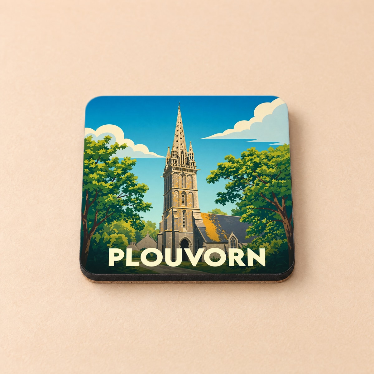 Dessous de verre souvenir de la ville de Plouvorn avec une illustration stylisée de son église entourée d'arbres.