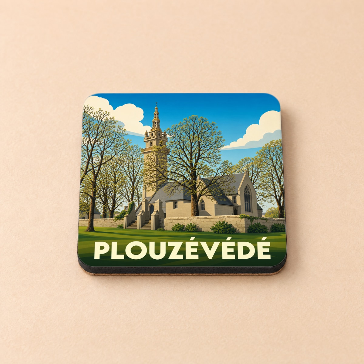 Dessous de verre souvenir de la ville de Plouzévédé avec une illustration stylisée de son église.