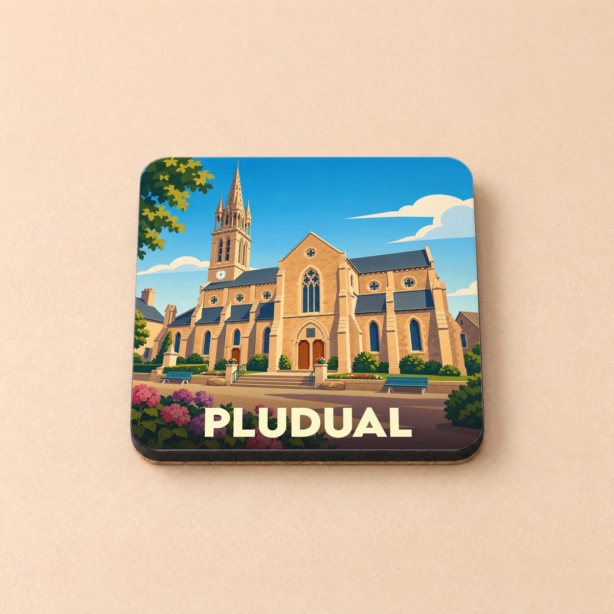 Dessous de verre souvenir de la ville de Pludual avec une illustration stylisée de son église.