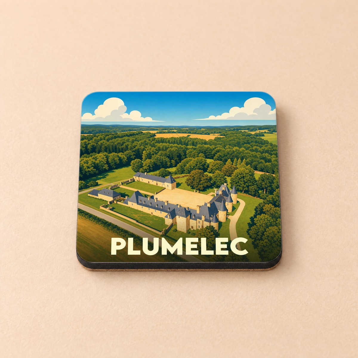 Dessous de verre souvenir de la ville de Plumelec avec une illustration stylisée de son château niché dans la verdure.