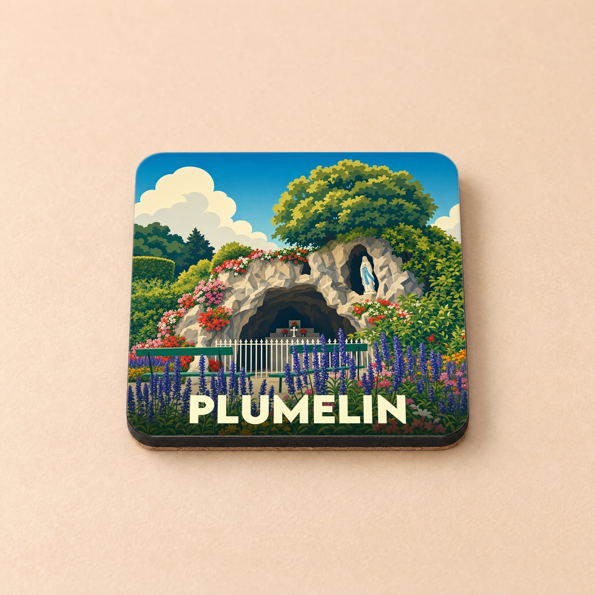 Dessous de verre souvenir de la ville de Plumelin illustrant une grotte fleurie avec une statue de la Vierge.