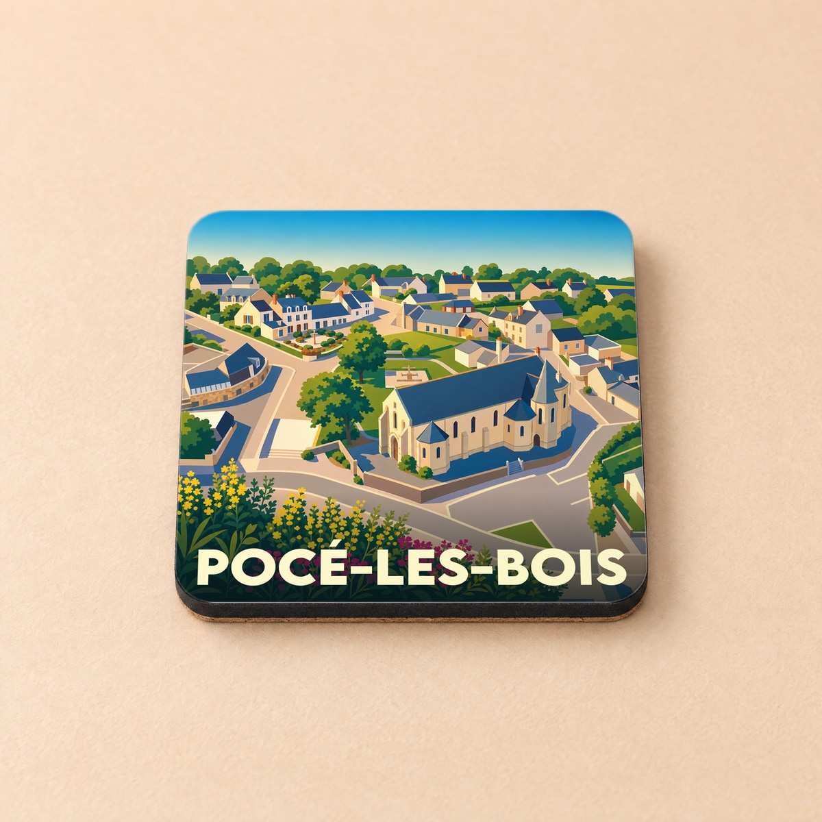 Dessous de verre souvenir de la ville de Pocé-les-Bois avec une illustration stylisée d'un village français.