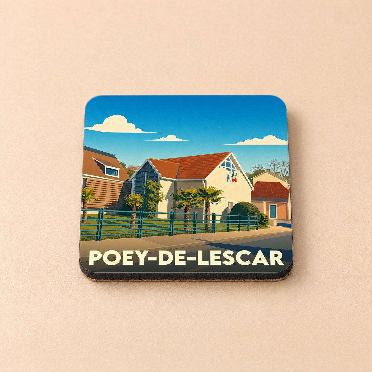 Dessous de verre souvenir de la ville de Poey-de-Lescar avec une illustration stylisée.