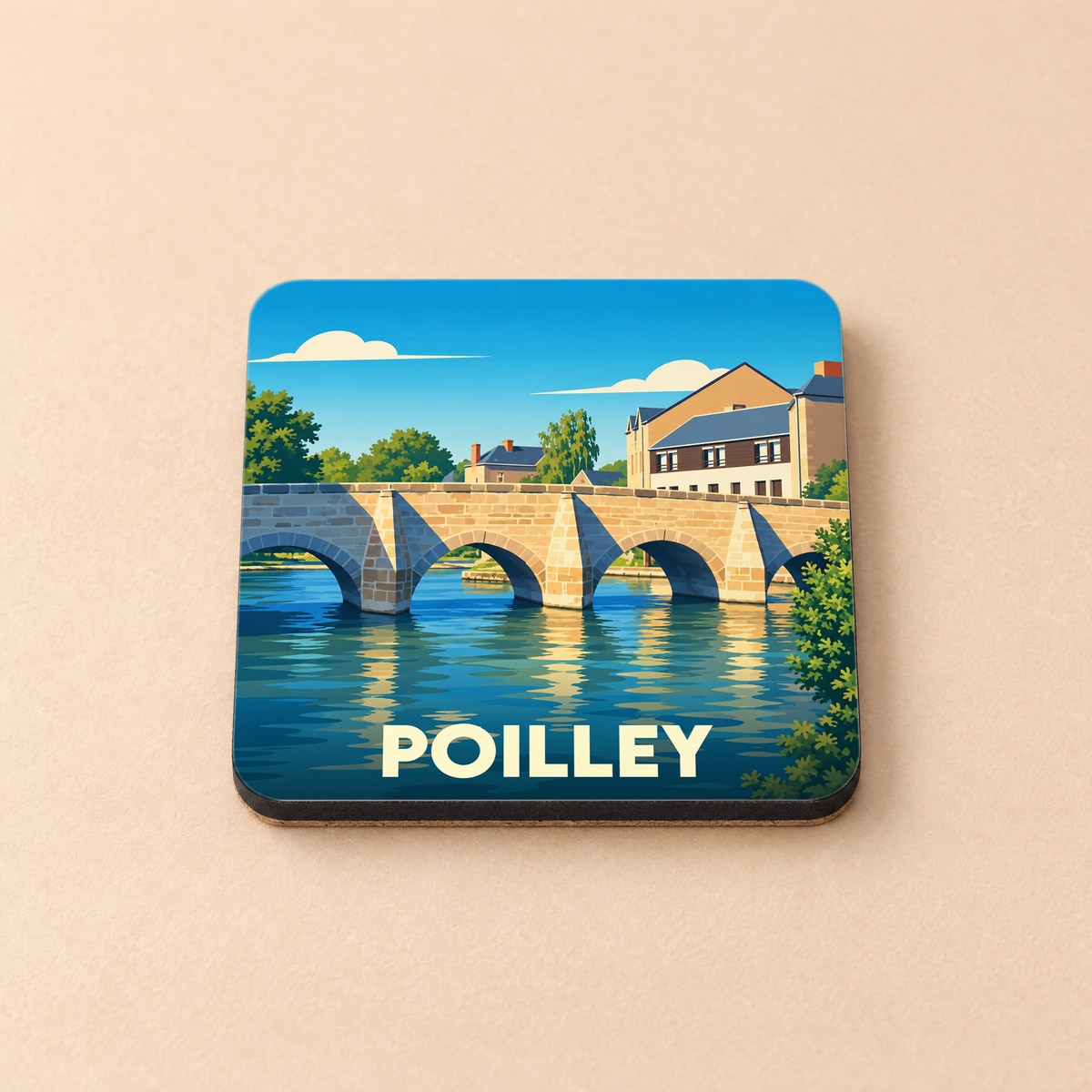 Dessous de verre souvenir de la ville de Poilley avec une illustration stylisée de son pont en pierre.