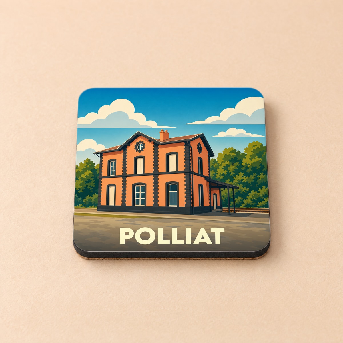 Dessous de verre souvenir de la ville de Polliat avec une illustration stylisée de sa gare.