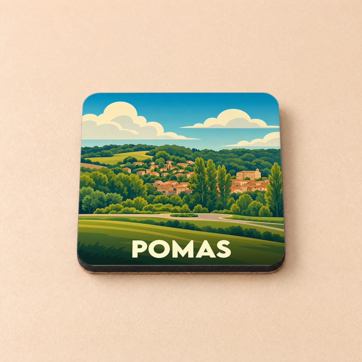 Dessous de verre souvenir de la ville de Pomas avec une illustration paysagère stylisée.