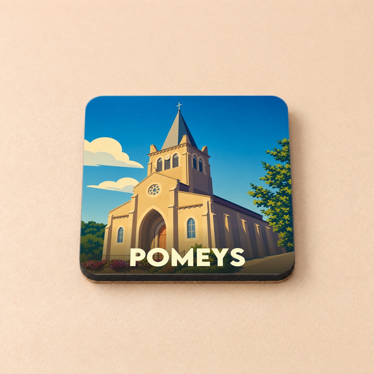Dessous de verre souvenir de la ville de Pomeys avec une illustration stylisée de son église.