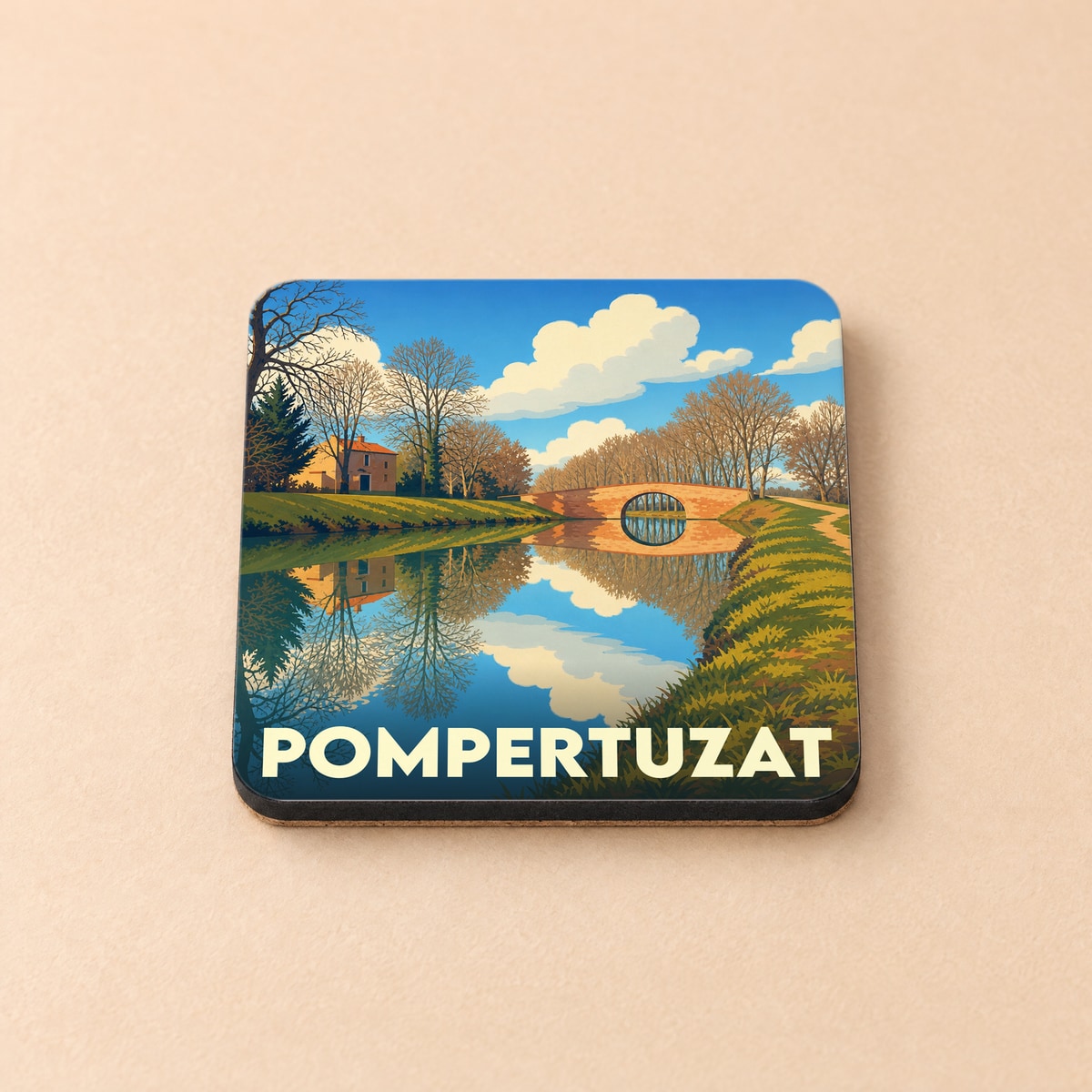 Dessous de verre souvenir de la ville de Pompertuzat illustré d'un paysage de canal avec un pont.