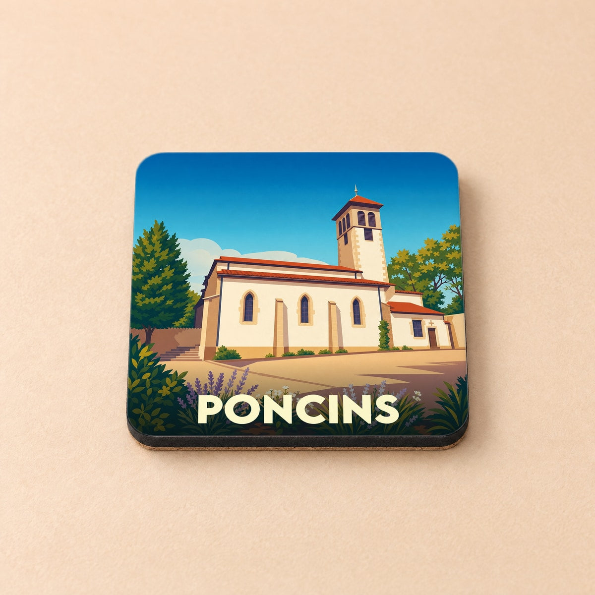 Dessous de verre souvenir de la ville de Poncins avec une illustration stylisée de son église.