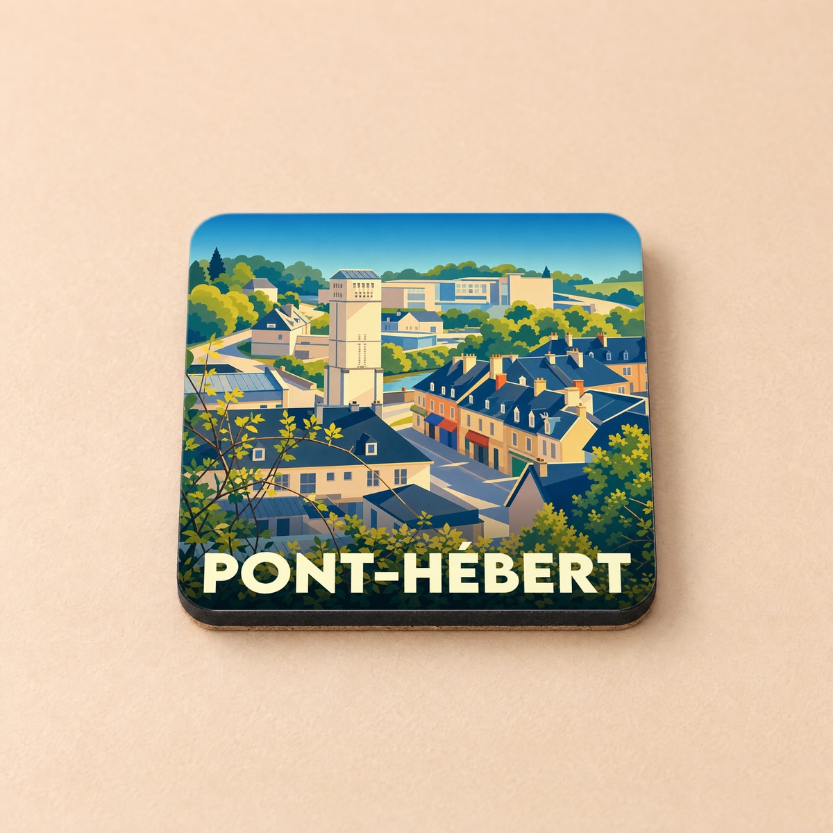 Dessous de verre souvenir de la ville de Pont-Hébert avec une illustration stylisée.