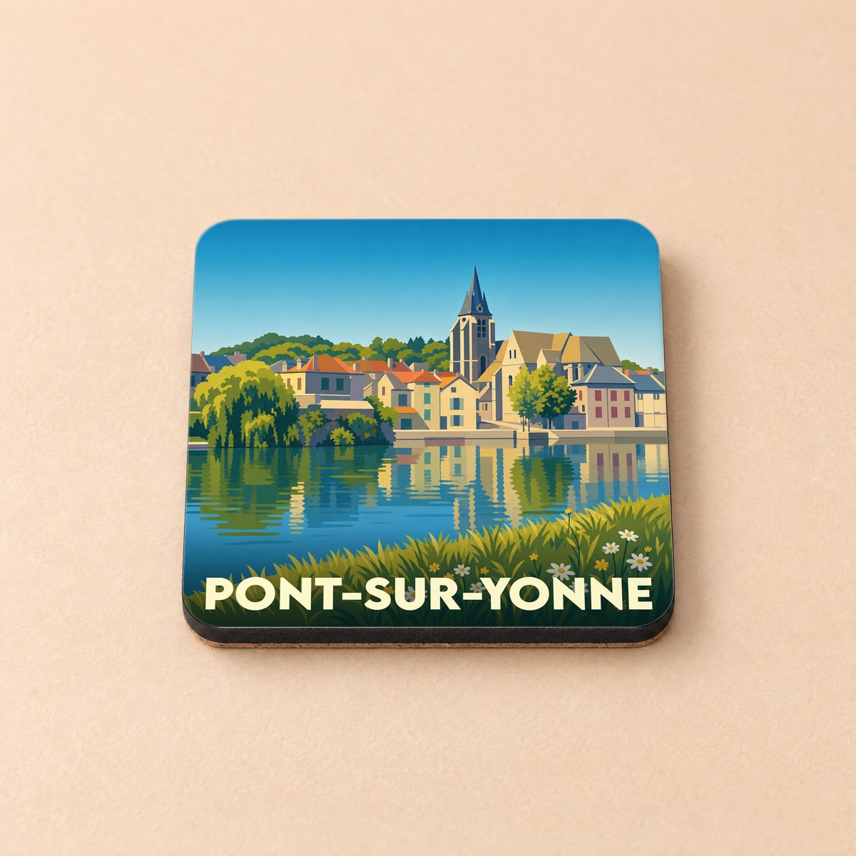 Dessous de verre souvenir de la ville de Pont-sur-Yonne avec une illustration stylisée des bords de l'Yonne.