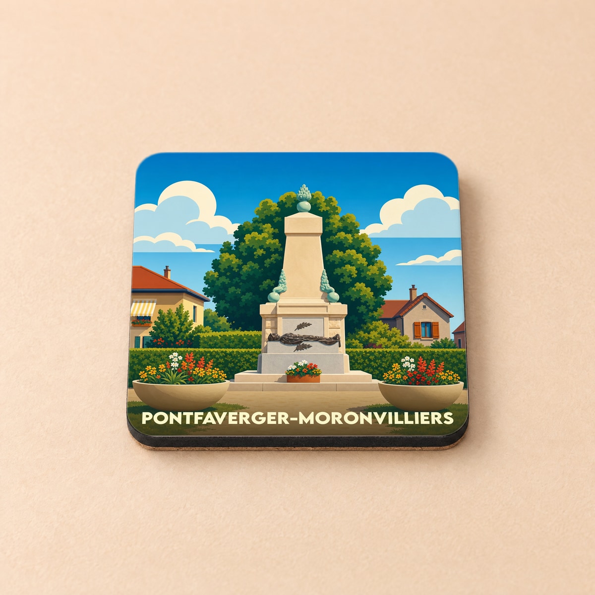 Dessous de verre souvenir de la ville de Pontfaverger-Moronvilliers avec une illustration stylisée de son monument.