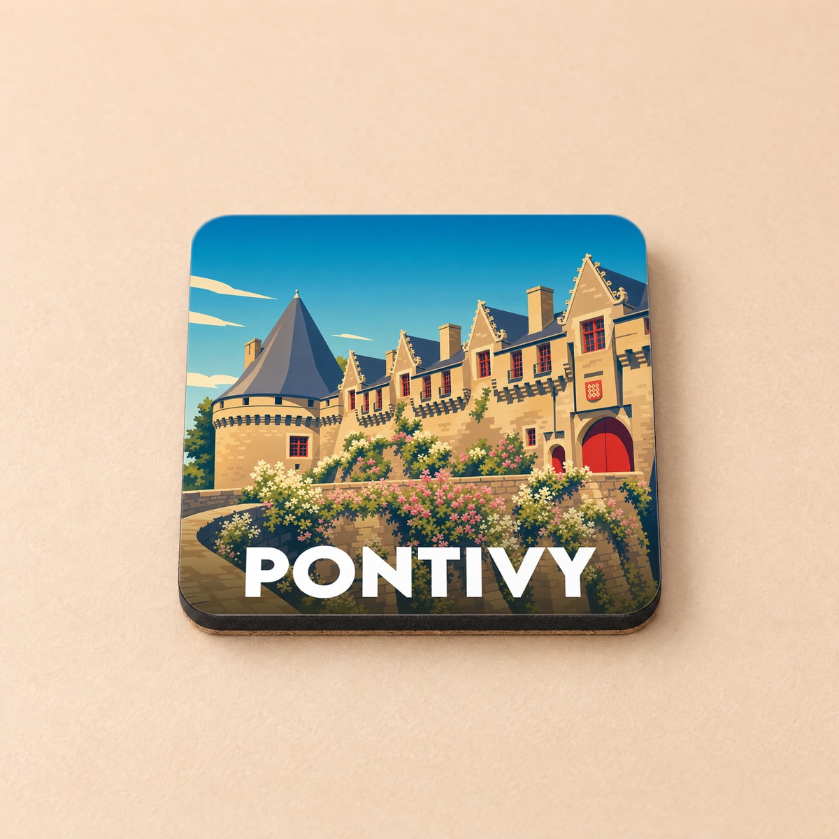 Dessous de verre souvenir de la ville de Pontivy avec une illustration stylisée de son château médiéval fleuri.