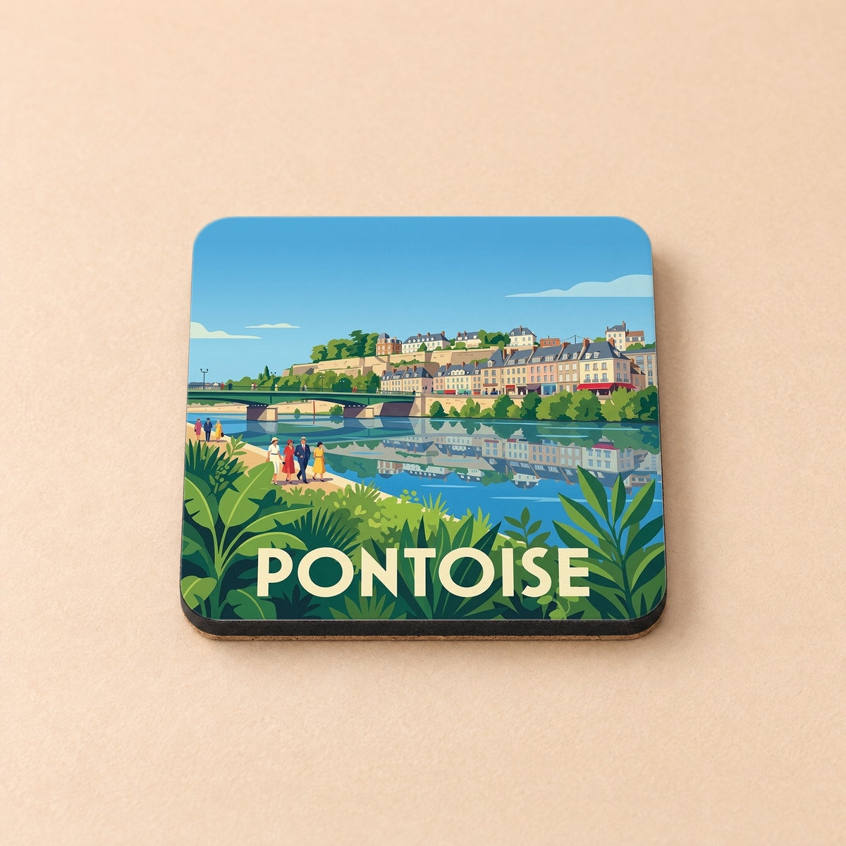 Dessous de verre souvenir de la ville de Pontoise avec une illustration stylisée et colorée.