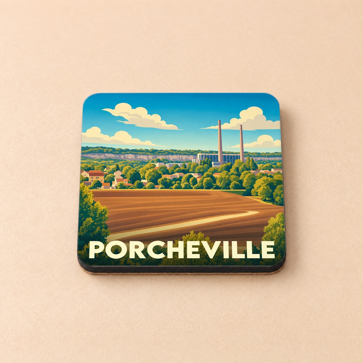 Dessous de verre souvenir de la ville de Porcheville avec une illustration stylisée.