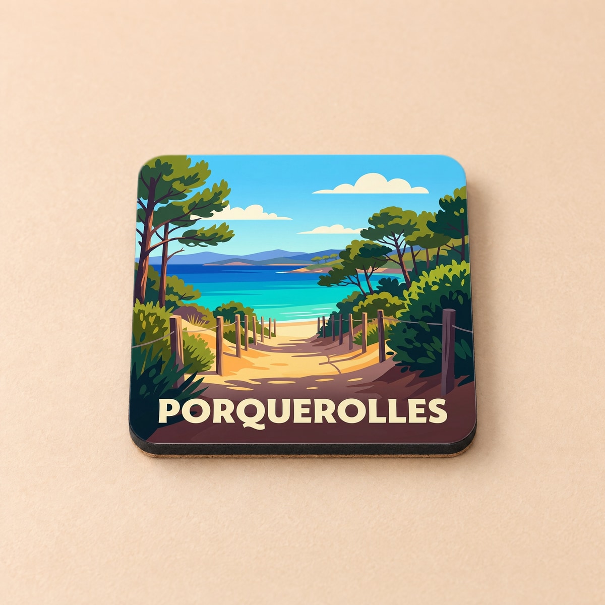 Dessous de verre souvenir de la ville de Porquerolles avec une illustration stylisée d'un sentier menant à la plage.