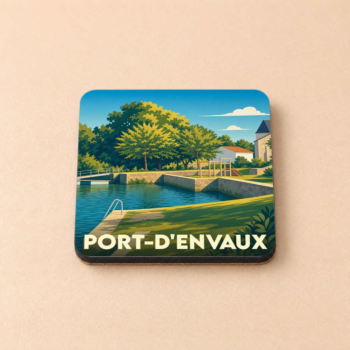 Dessous de verre souvenir de la ville de Port-d'Envaux avec une illustration stylisée d'un bord de rivière.