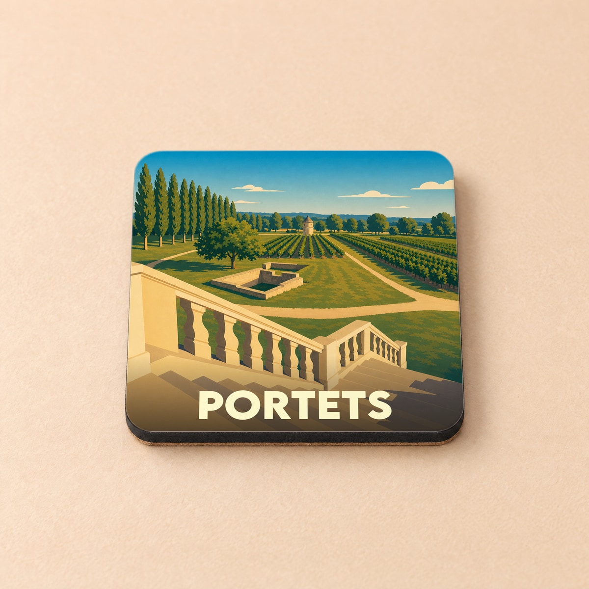 Dessous de verre souvenir de la ville de Portets avec une illustration stylisée d'un domaine viticole.