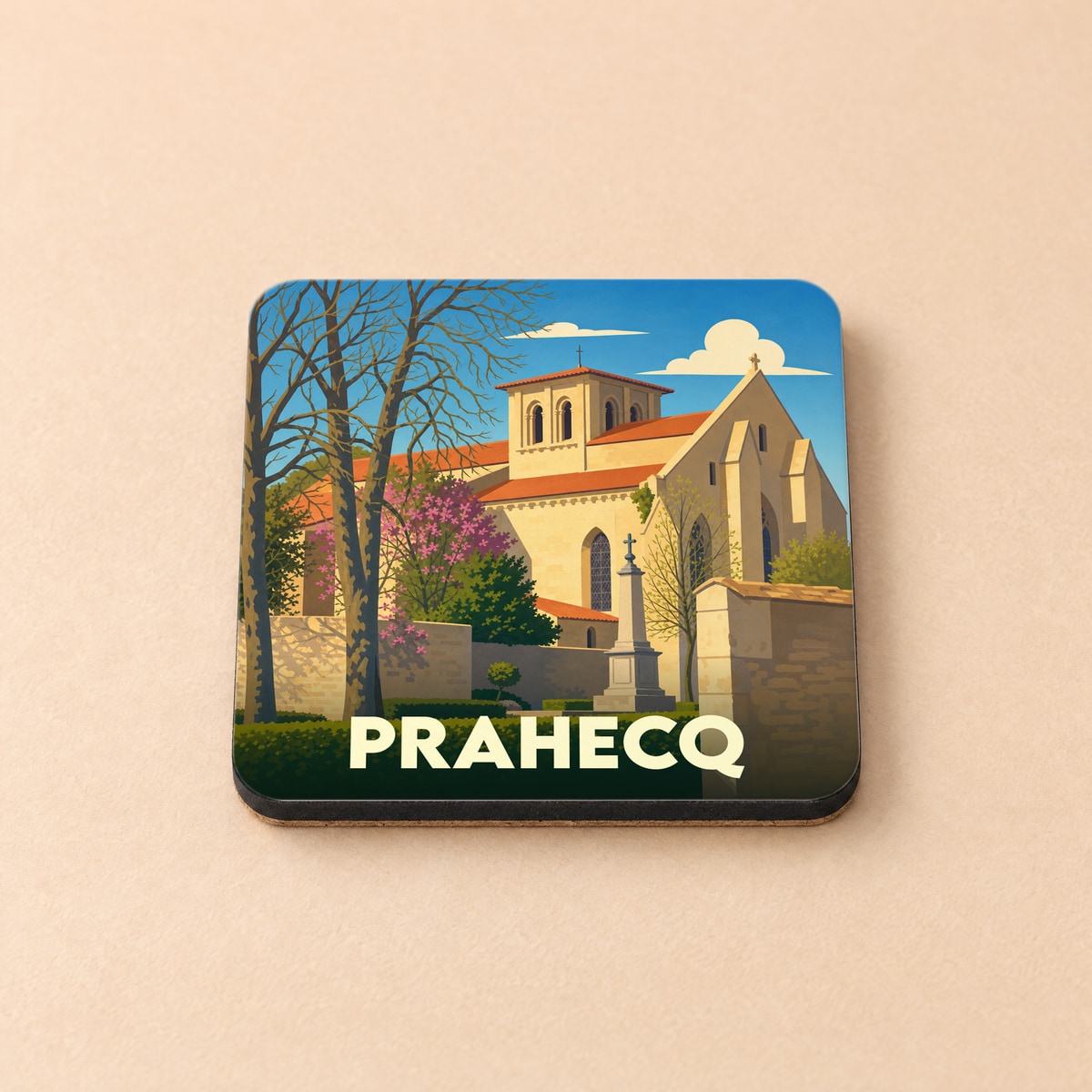Dessous de verre souvenir de la ville de Prahecq avec une illustration stylisée de son église.