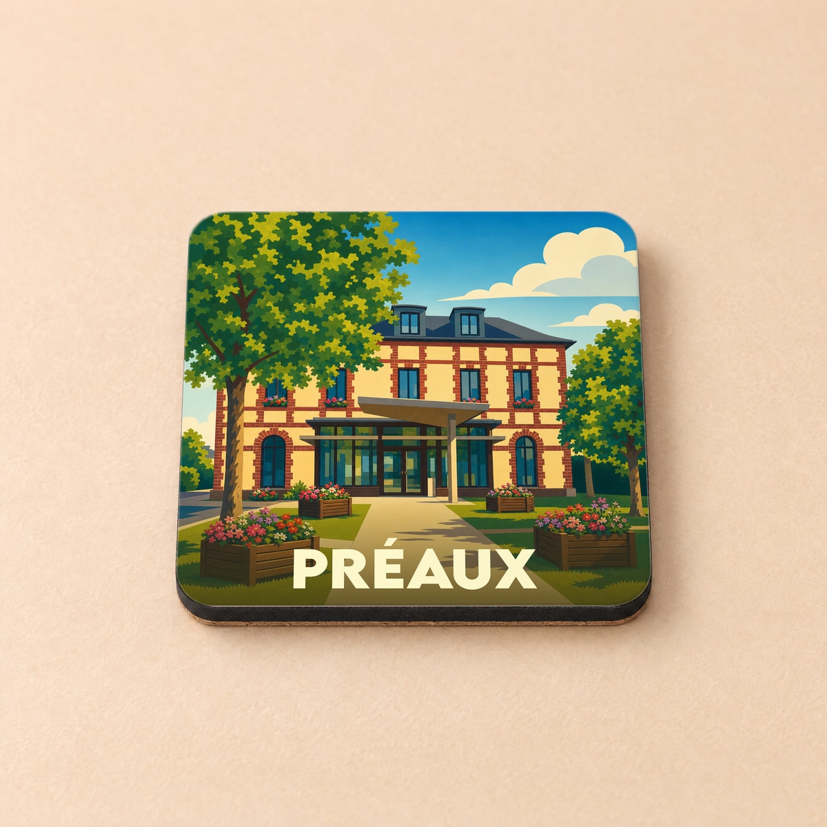 Dessous de verre souvenir de la ville de Préaux avec une illustration stylisée d'un bâtiment remarquable.
