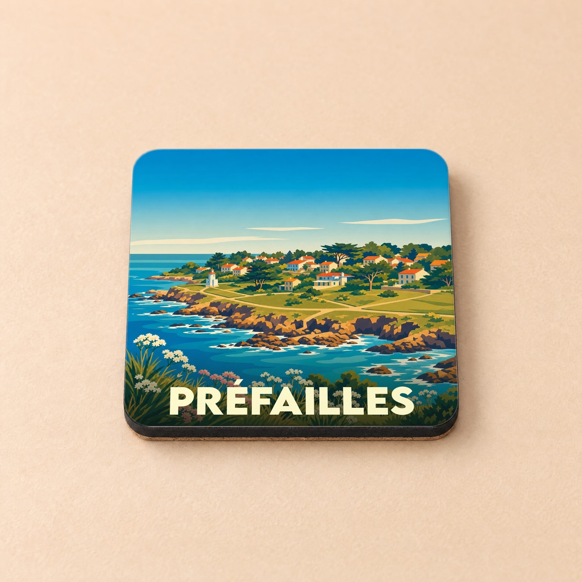 Dessous de verre souvenir de la ville de Préfailles avec une illustration stylisée de son littoral.
