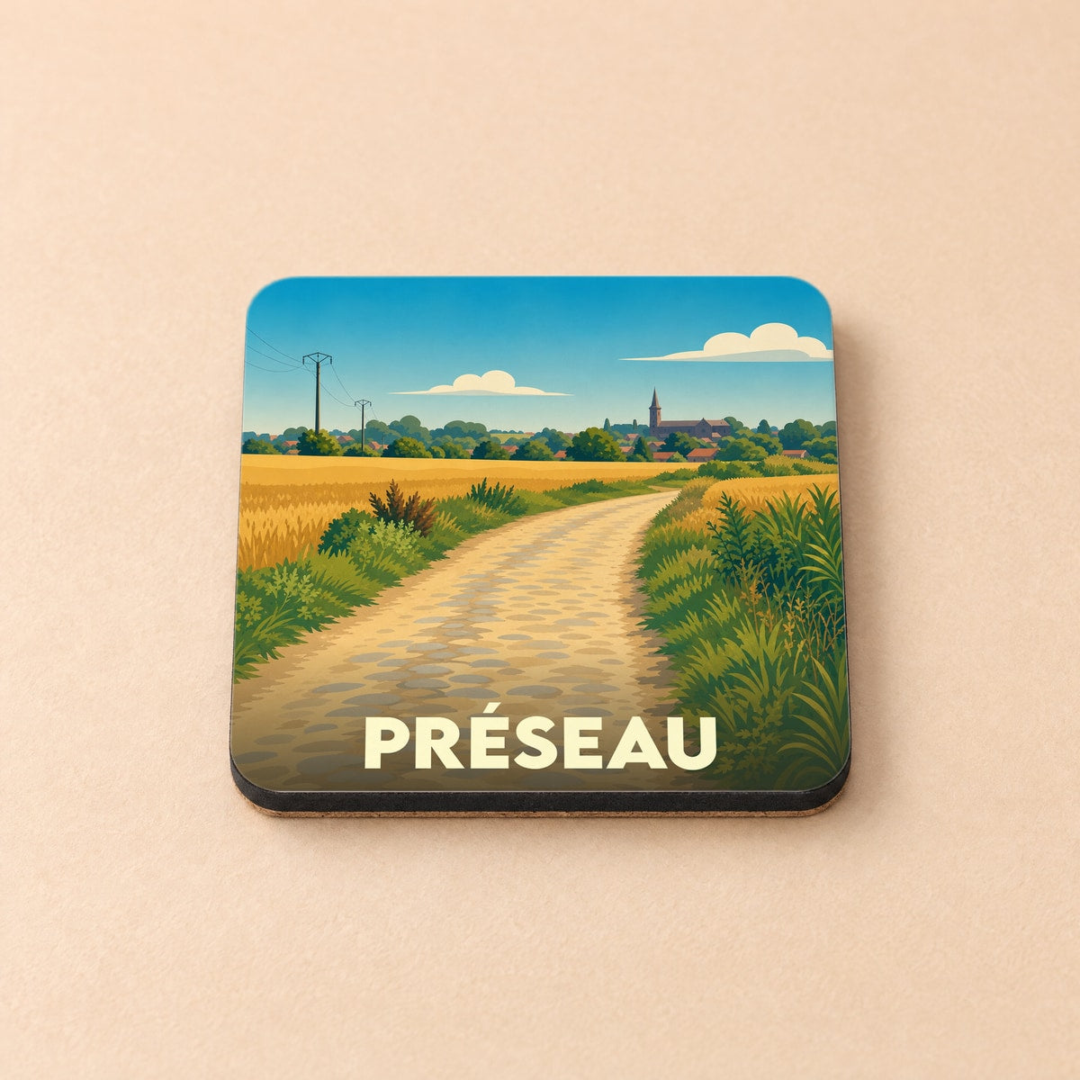 Dessous de verre souvenir de la ville de Préseau avec une illustration stylisée d'un paysage rural.