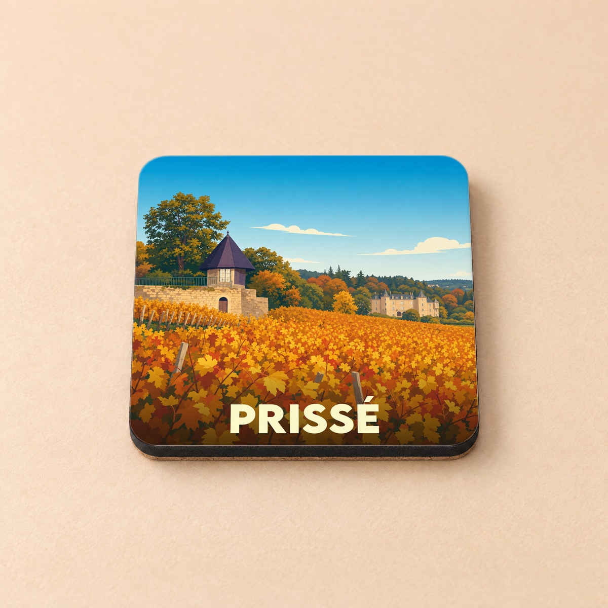 Dessous de verre souvenir de la ville de Prissé avec une illustration stylisée de vignobles en automne.