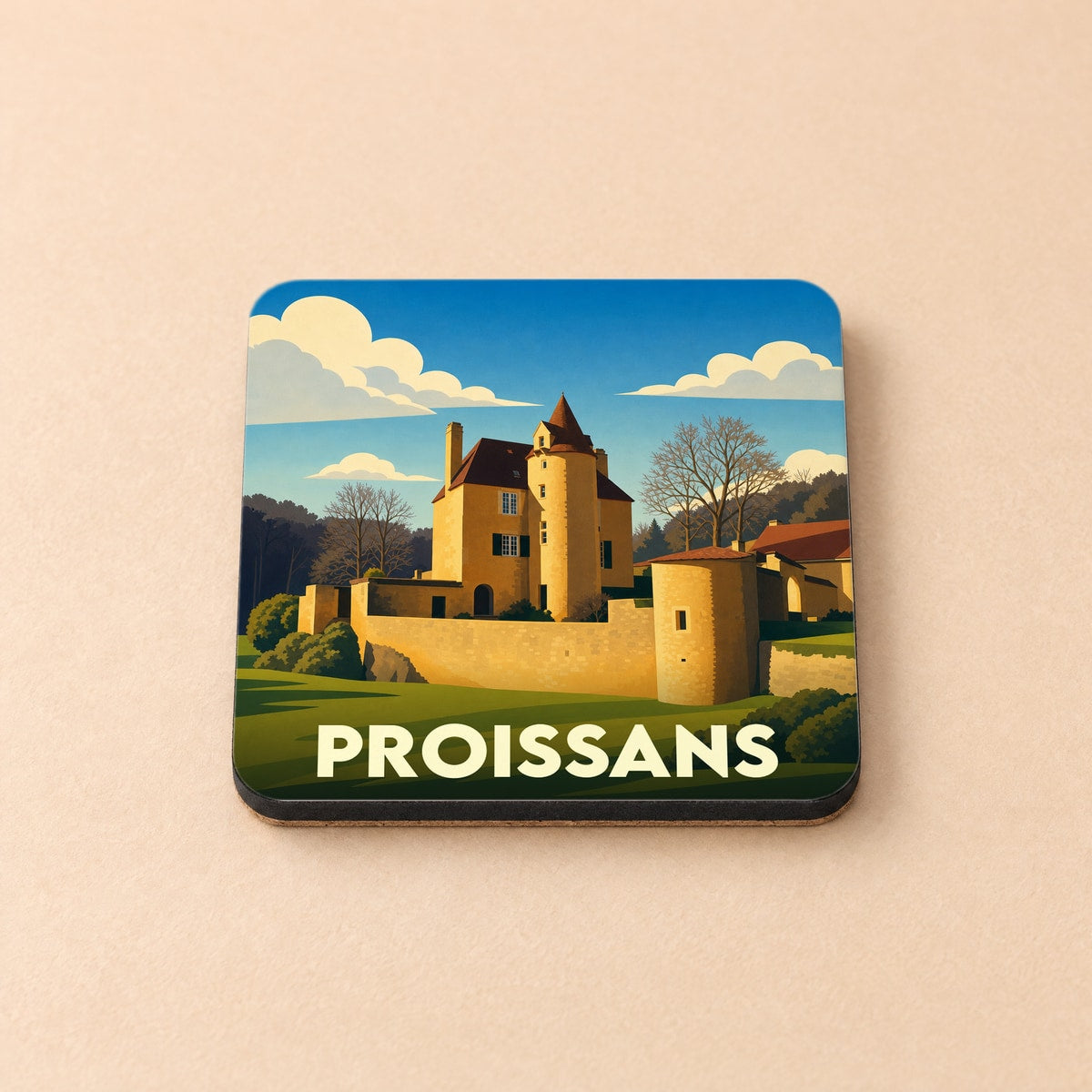 Dessous de verre souvenir de la ville de Proissans avec une illustration stylisée d'un château.