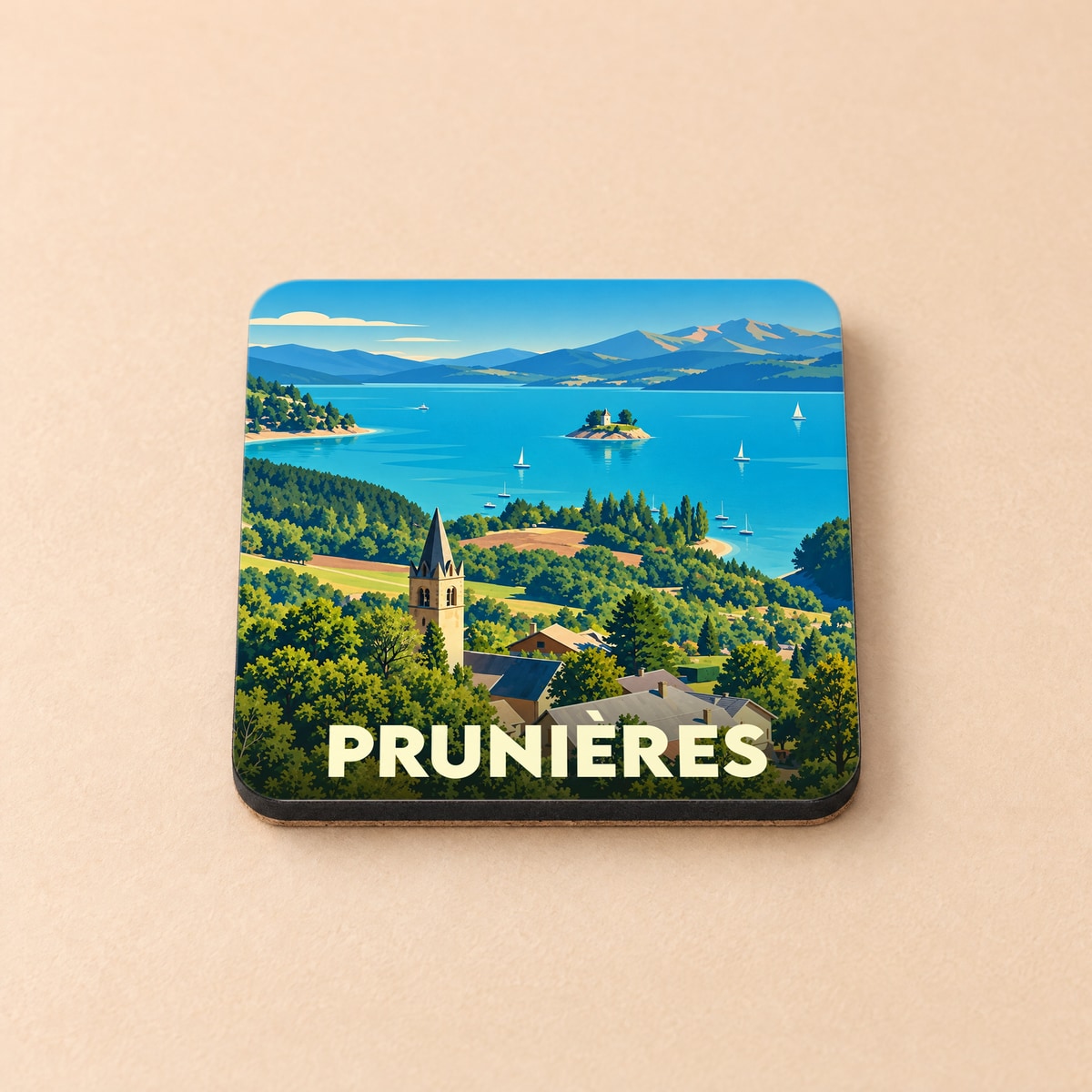 Dessous de verre souvenir de la ville de Prunières avec une illustration stylisée du lac de Serre-Ponçon.