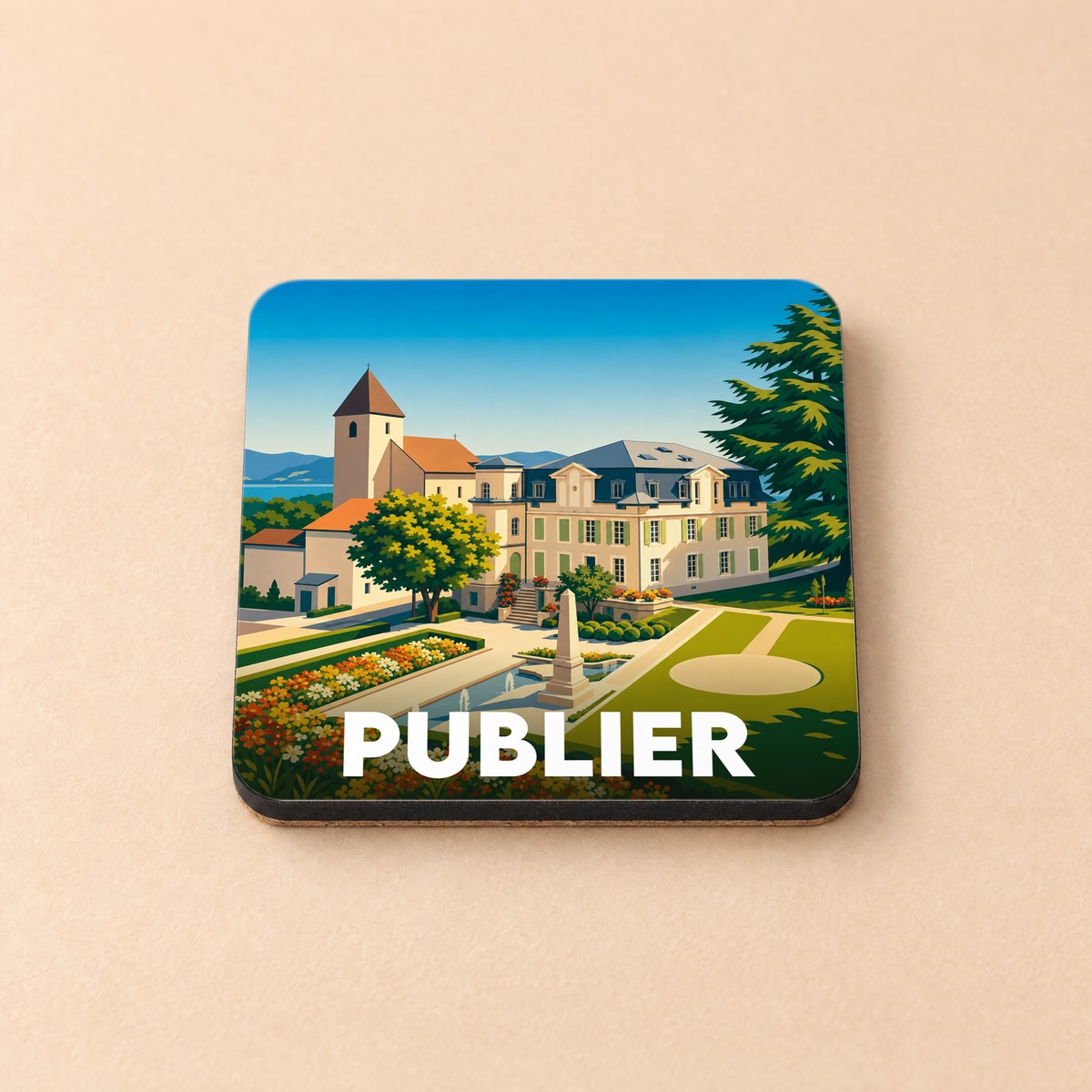 Dessous de verre souvenir de la ville de Publier avec une illustration stylisée.