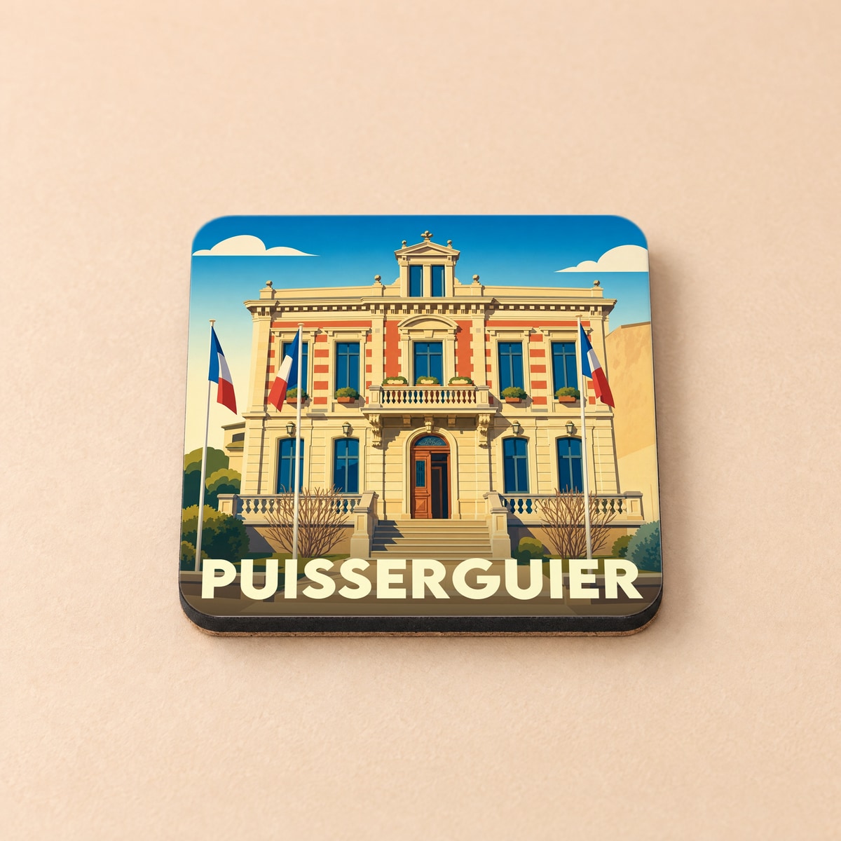 Dessous de verre souvenir de la ville de Puisserguier avec une illustration stylisée de la mairie.