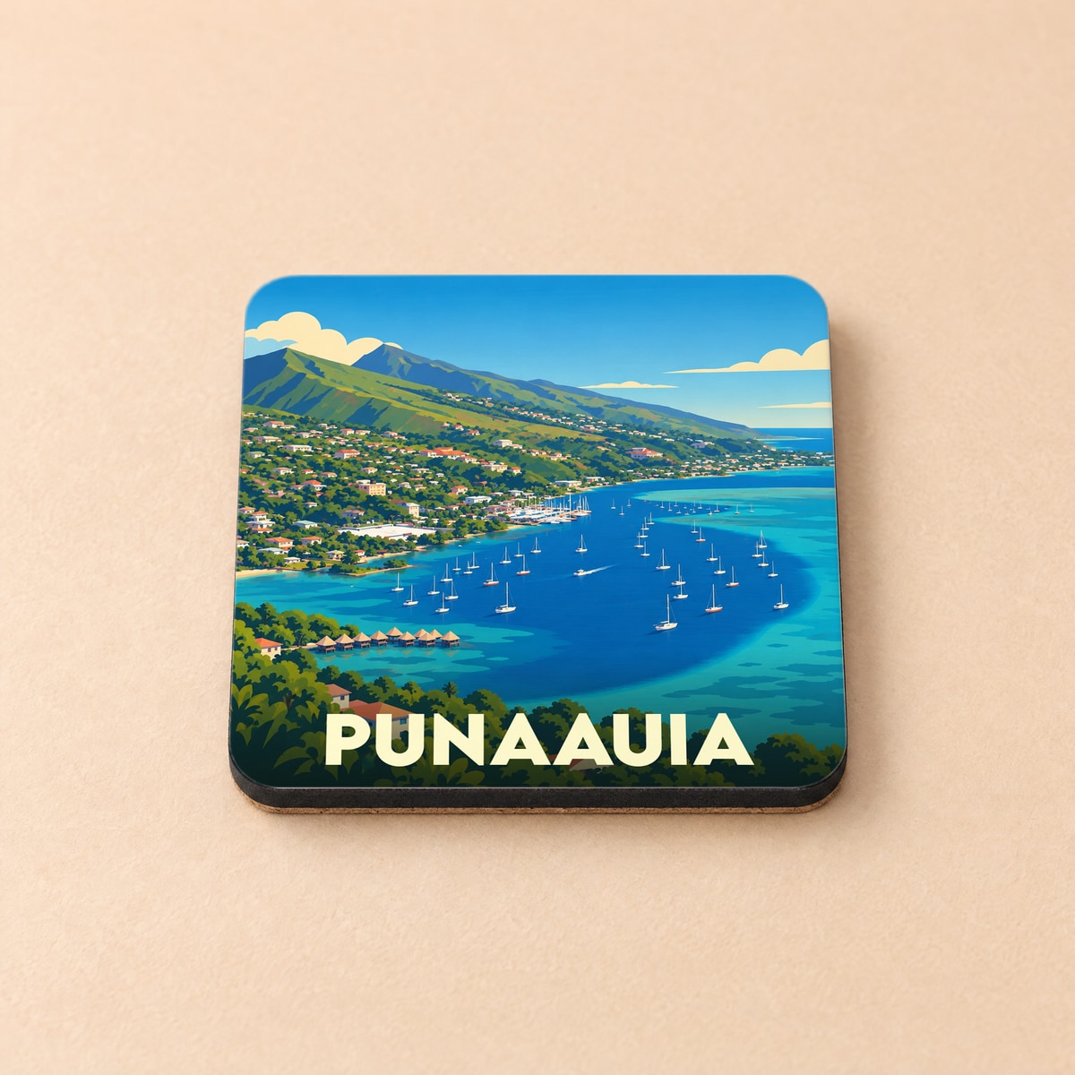 Dessous de verre souvenir de la ville de Punaauia avec une illustration stylisée de son lagon et de ses montagnes.