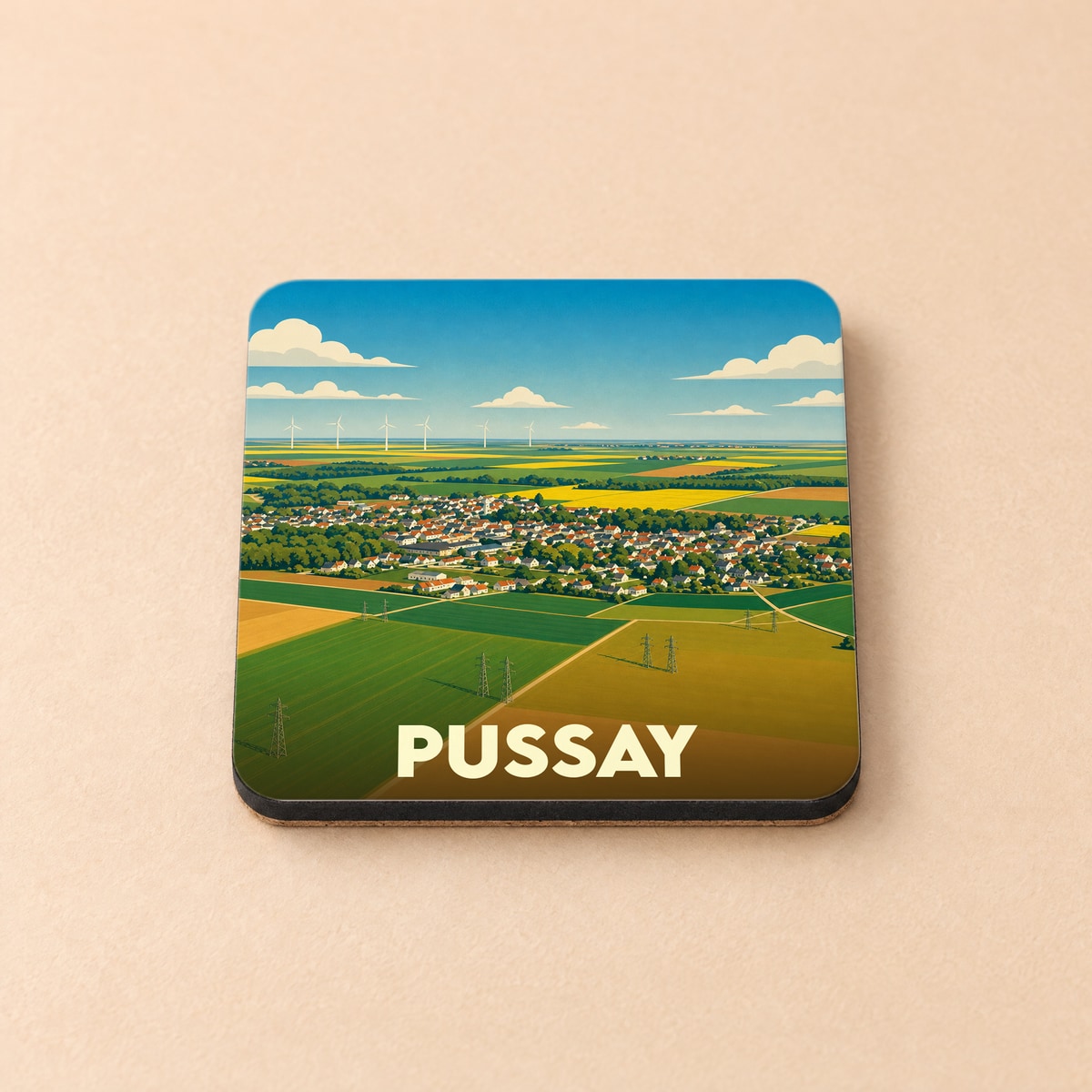 Dessous de verre souvenir de la ville de Pussay avec une illustration paysagère stylisée.