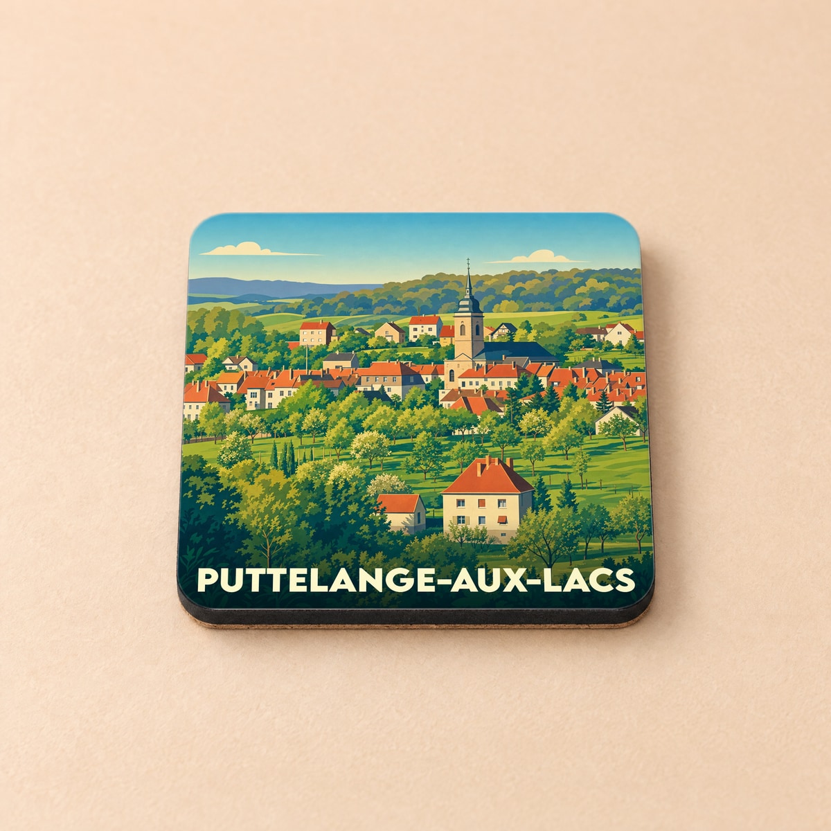 Dessous de verre souvenir de la ville de Puttelange-aux-Lacs avec une illustration stylisée.