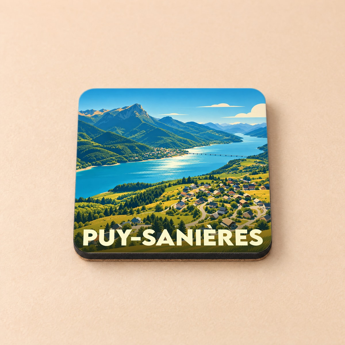 Dessous de verre souvenir de la ville de Puy-Sanières avec une illustration stylisée d'un paysage de montagne et de lac.