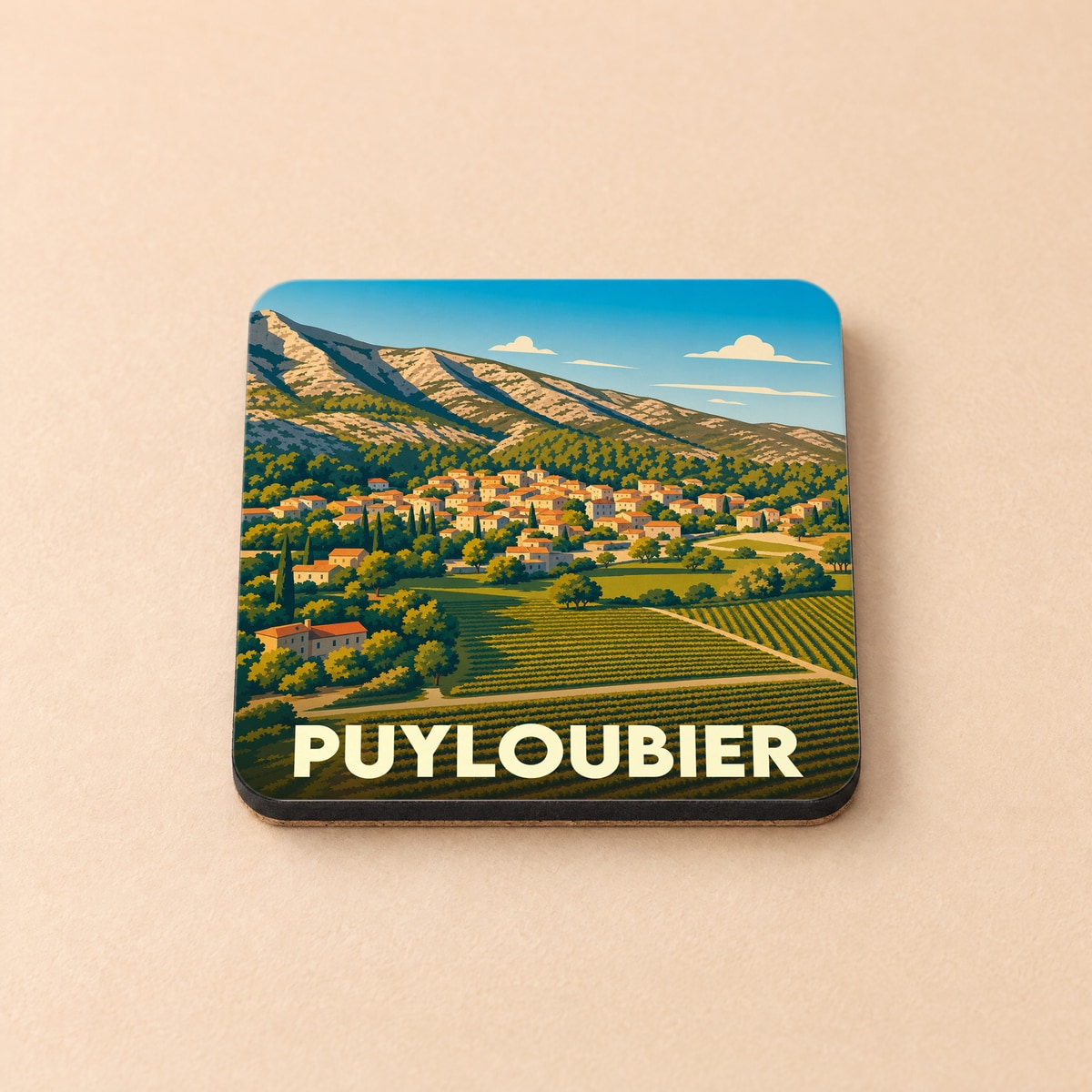 Dessous de verre souvenir de la ville de Puyloubier avec une illustration stylisée de ses paysages provençaux.