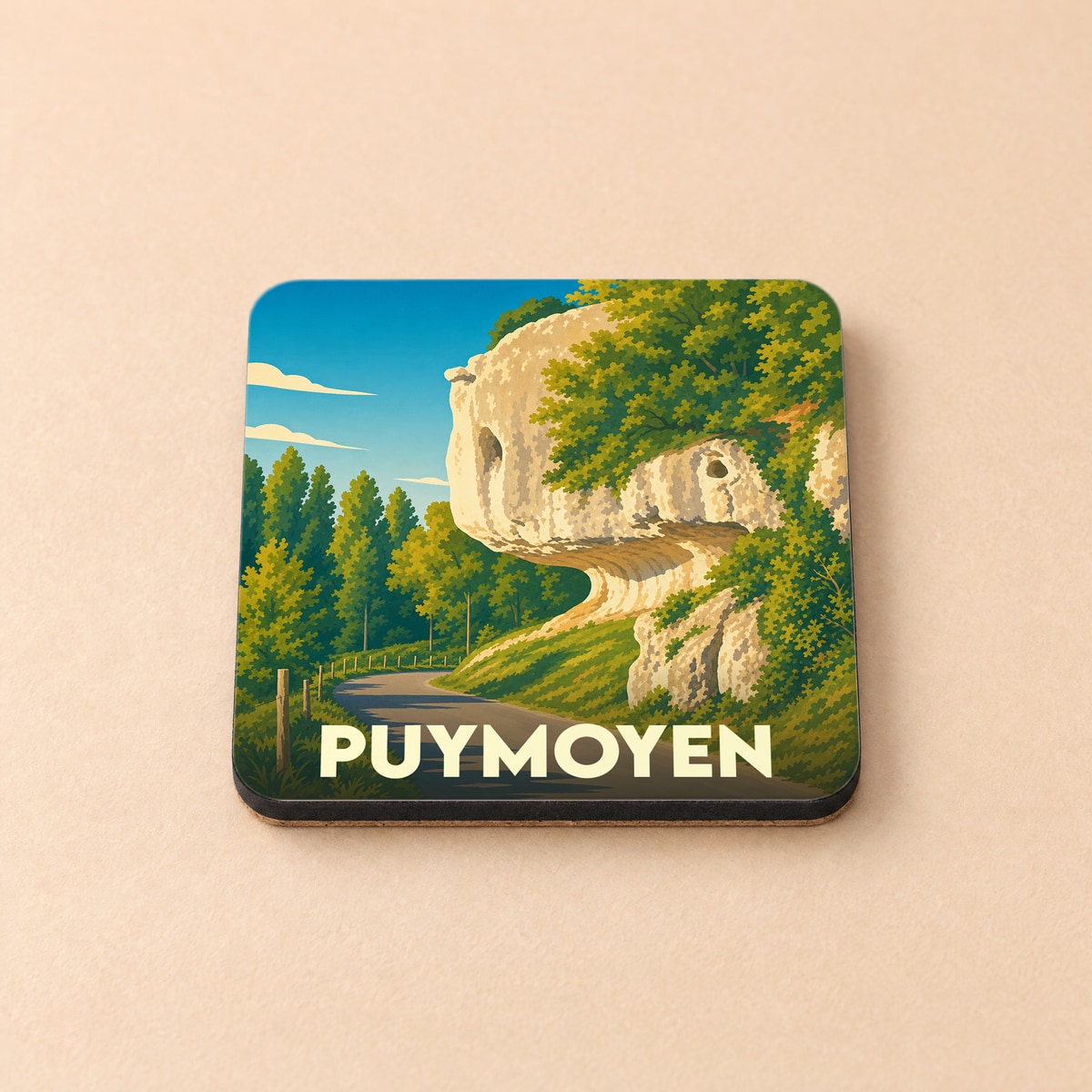 Dessous de verre souvenir de la ville de Puymoyen avec une illustration stylisée de falaises calcaires.