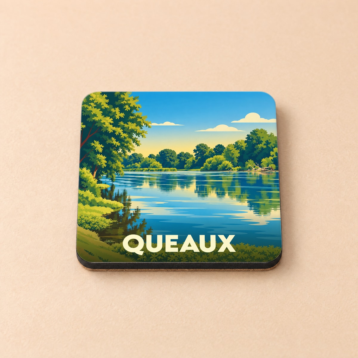 Dessous de verre souvenir de la ville de Queaux avec une illustration stylisée d'un paysage de rivière.