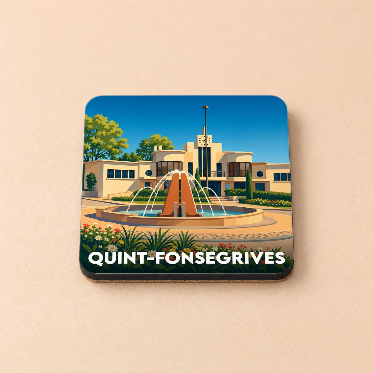 Dessous de verre souvenir de la ville de Quint-Fonsegrives avec une illustration stylisée.