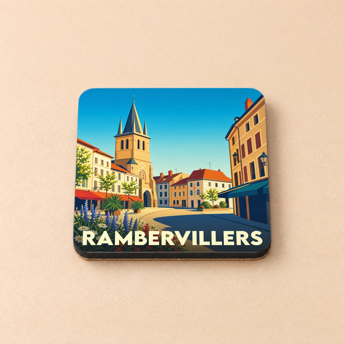 Dessous de verre souvenir de la ville de Rambervillers avec une illustration stylisée.