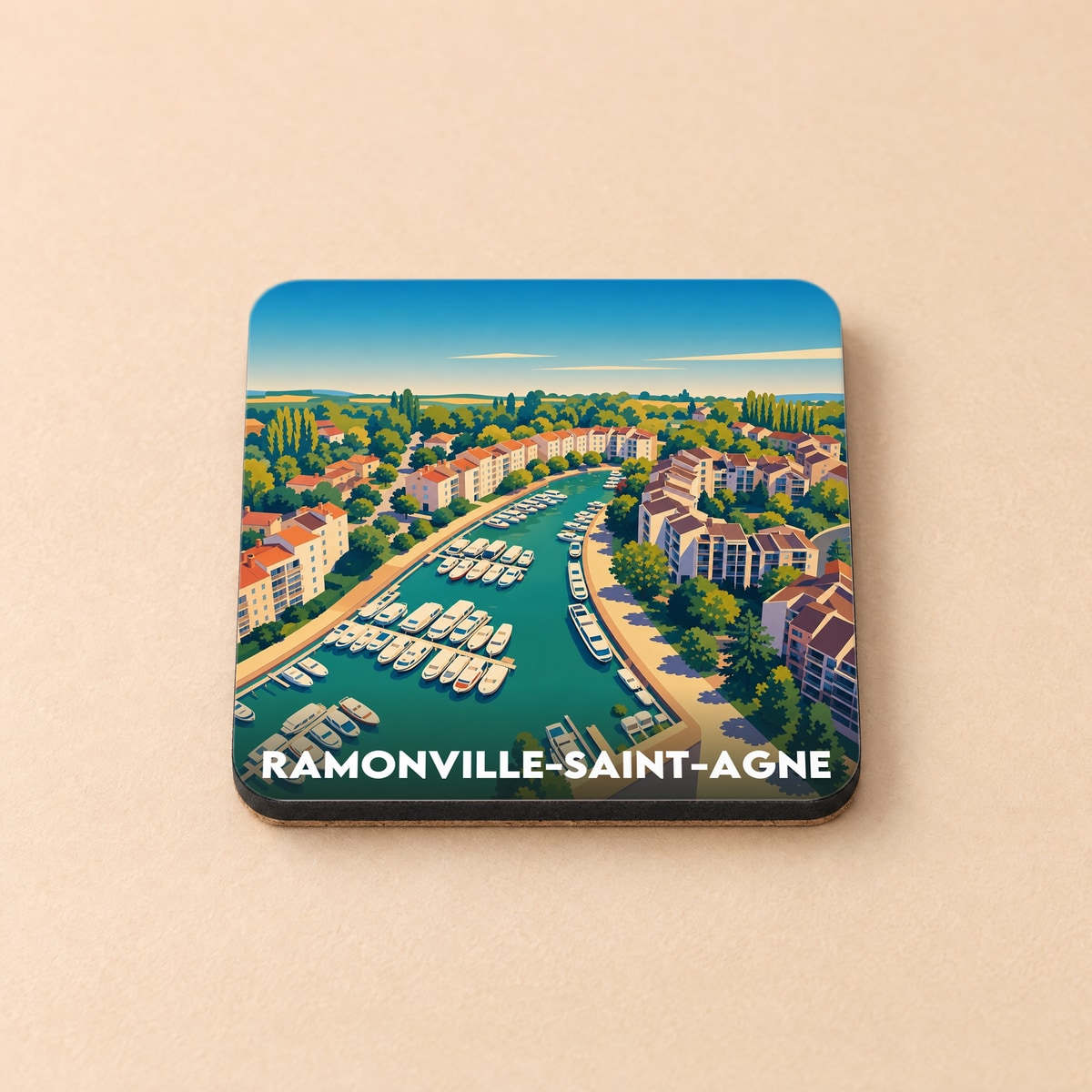 Dessous de verre souvenir de la ville de Ramonville-Saint-Agne avec une illustration stylisée de son port.