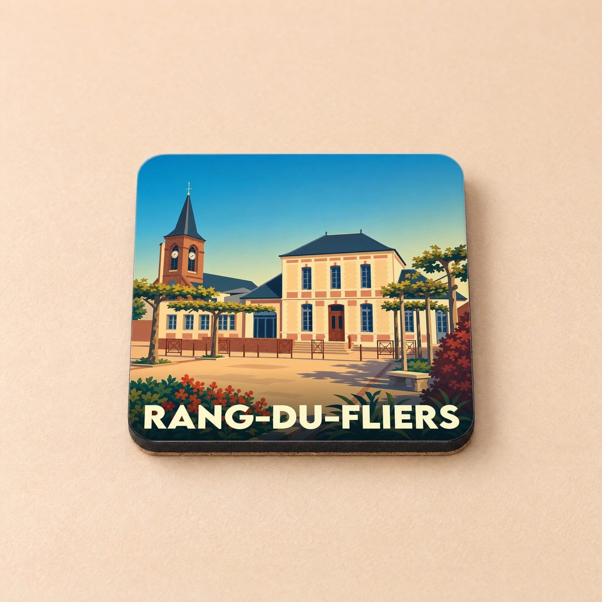 Dessous de verre souvenir de la ville de Rang-du-Fliers avec une illustration stylisée de sa mairie et de son église.