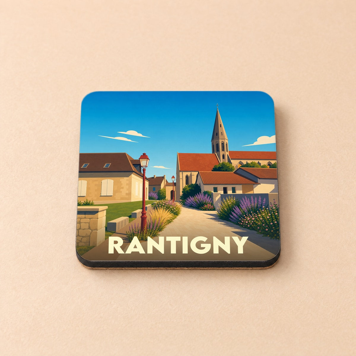 Dessous de verre souvenir de la ville de Rantigny avec une illustration stylisée.