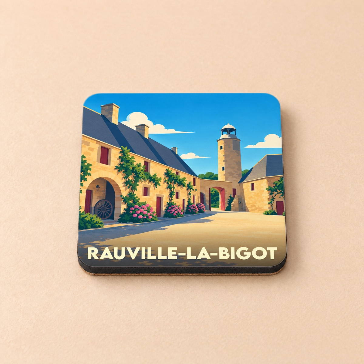 Dessous de verre souvenir de la ville de Rauville-la-Bigot avec une illustration stylisée.