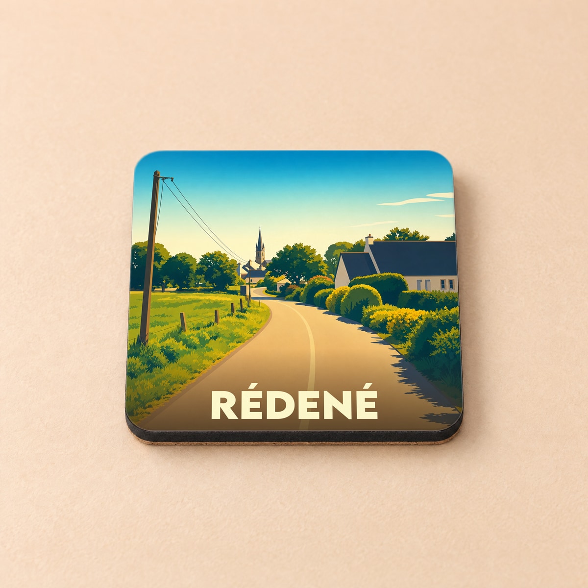 Dessous de verre souvenir de la ville de Rédené avec une illustration paysagère stylisée.