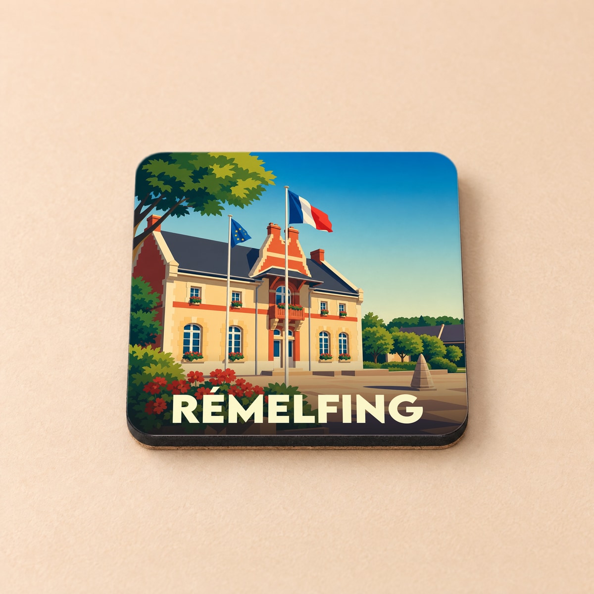 Dessous de verre souvenir de la ville de Rémelfing avec une illustration stylisée de la mairie.
