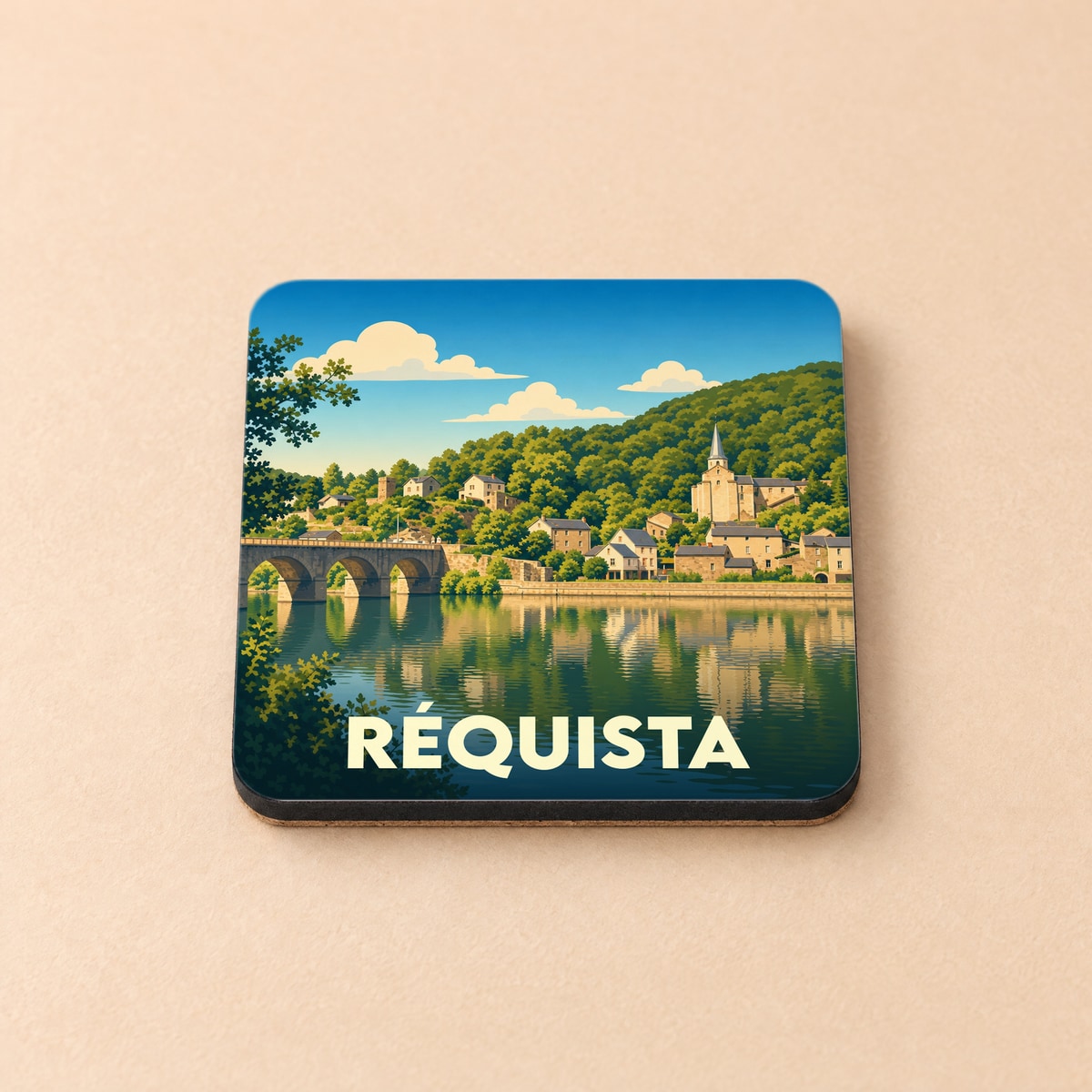 Dessous de verre souvenir de la ville de Réquista avec une illustration stylisée d'un paysage fluvial.